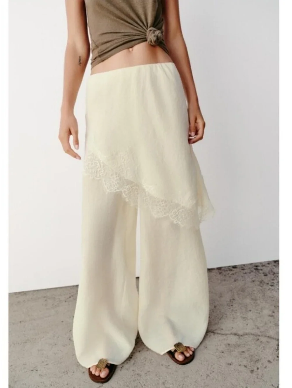 Zara Wide Leg Pareo Pants With Lace Size L